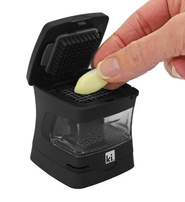 Alt view image 7 of 7 - Garlic-A-Peel Garlic Press, Crusher, Cutter, Mincer, and Storage Container - Includes Silicone Garlic Peeler - Easy to Clean - Stainless Steel Blades (Black), standard