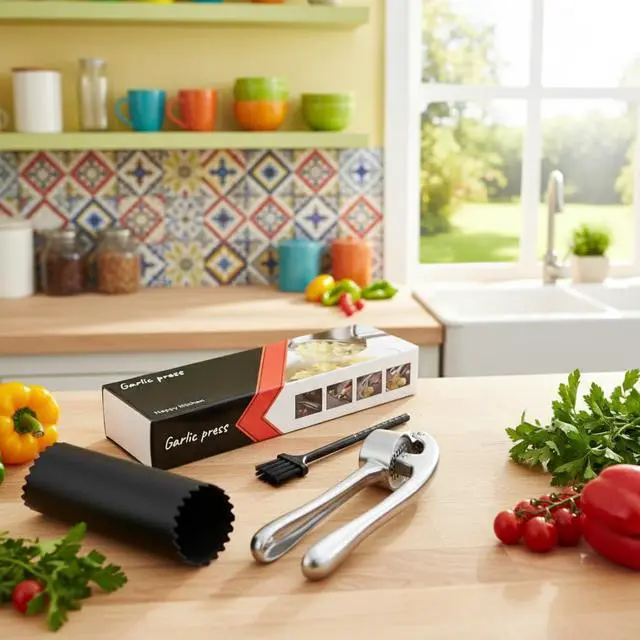 Alt view image 5 of 7 - Garlic Press with Peeler and Brush | Easy Garlic Crusher | Dishwasher Safe | Zinc | Comfortable Handle