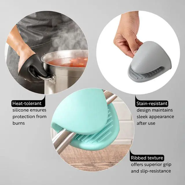 Alt view image 3 of 7 - Comfy Grip 4.3 x 3.5 x 4.2 Inch Mini Oven Mitt Pot Holders 1 Food-Grade Finger Mitt Set - 2-Piece Set Oven-Ready Up To 446F Black Silicone Pinch Mitts Ribbed Texture Dishwashable