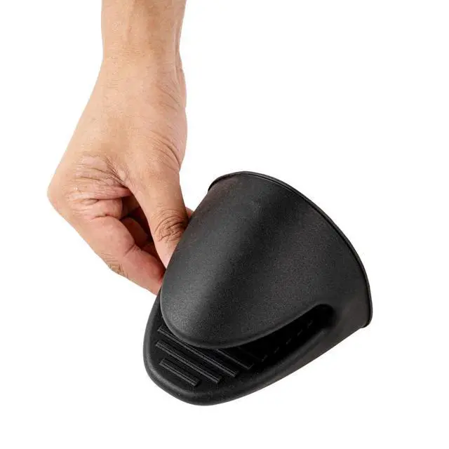 Alt view image 7 of 7 - Comfy Grip 4.3 x 3.5 x 4.2 Inch Mini Oven Mitt Pot Holders 1 Food-Grade Finger Mitt Set - 2-Piece Set Oven-Ready Up To 446F Black Silicone Pinch Mitts Ribbed Texture Dishwashable