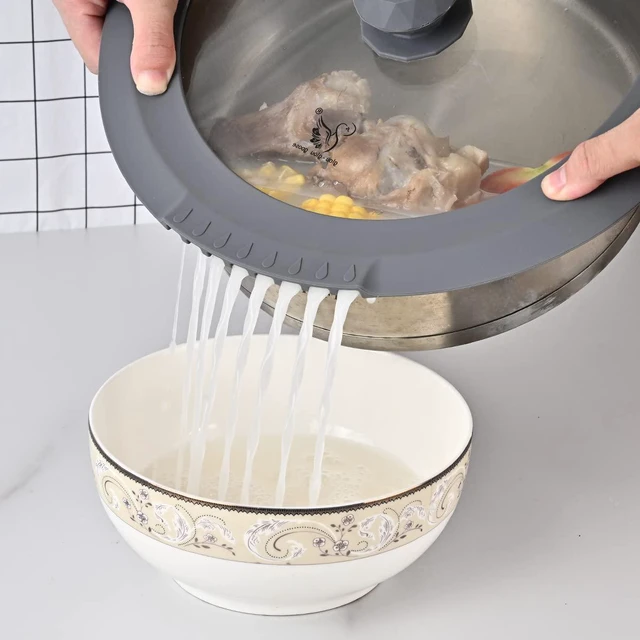 Alt view image 7 of 7 - Tempered Strainer Lid for Stockpot Pasta Soup Pots - Universal Pan Lid with Heat Resistant Silicone Rim 10-12 inch Light Grey