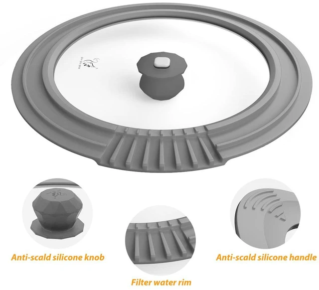 Alt view image 6 of 7 - Tempered Strainer Lid for Stockpot Pasta Soup Pots - Universal Pan Lid with Heat Resistant Silicone Rim 10-12 inch Light Grey