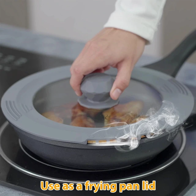 Alt view image 3 of 7 - Tempered Strainer Lid for Stockpot Pasta Soup Pots - Universal Pan Lid with Heat Resistant Silicone Rim 10-12 inch Light Grey
