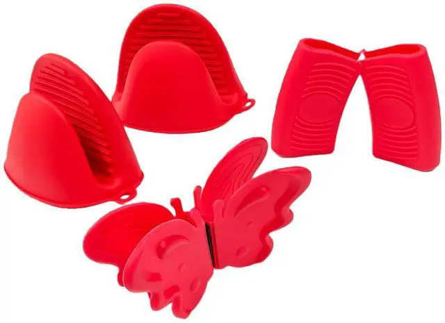 Main image of Silicone Heat Resistant Mini Oven Mitts Set 2 Sets (6-Pack), Pot Handle Covers, Microwave Pinch Mitts & Butterfly-Style Hot Holders, Anti-Scalding Kitchen Cooking & Baking, Red