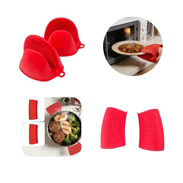 Alt view image 2 of 4 - Silicone Heat Resistant Mini Oven Mitts Set 2 Sets (6-Pack), Pot Handle Covers, Microwave Pinch Mitts & Butterfly-Style Hot Holders, Anti-Scalding Kitchen Cooking & Baking, Red