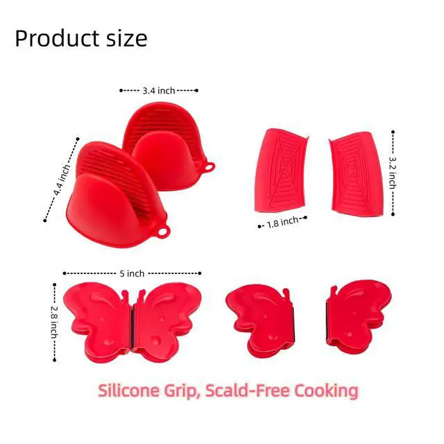 Alt view image 4 of 4 - Silicone Heat Resistant Mini Oven Mitts Set 2 Sets (6-Pack), Pot Handle Covers, Microwave Pinch Mitts & Butterfly-Style Hot Holders, Anti-Scalding Kitchen Cooking & Baking, Red