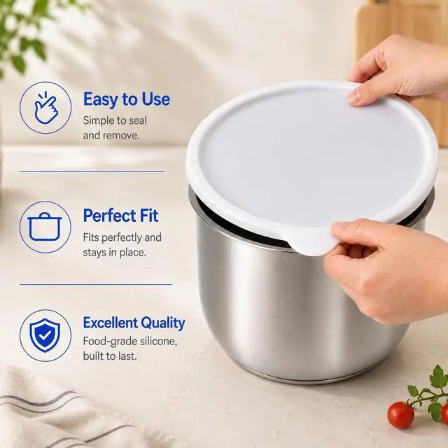 Alt view image 7 of 7 - Airtight Silicone Lid with Easy Grip Handle for Instant Pot 6 Qt, Leakproof & Spill Proof Inner Pot Cover for Food Storage, BPA Free, Dishwasher Safe, White