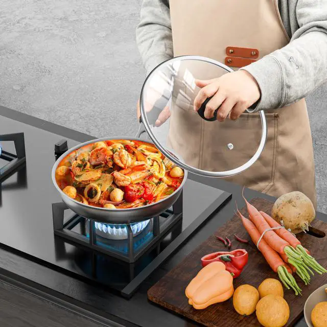 Alt view image 7 of 7 - Inch Pan Lid For Pots Pans and Skillets, Cast Iron Skillet Lid, Large Tempered Glass Frying Pan Lids/Pot Cover Replacement, Crock Pot Lids with Wide Stainless Steel Rim, Cookware Lids Cover