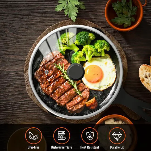 Alt view image 5 of 7 - Inch Pan Lid For Pots Pans and Skillets, Cast Iron Skillet Lid, Large Tempered Glass Frying Pan Lids/Pot Cover Replacement, Crock Pot Lids with Wide Stainless Steel Rim, Cookware Lids Cover