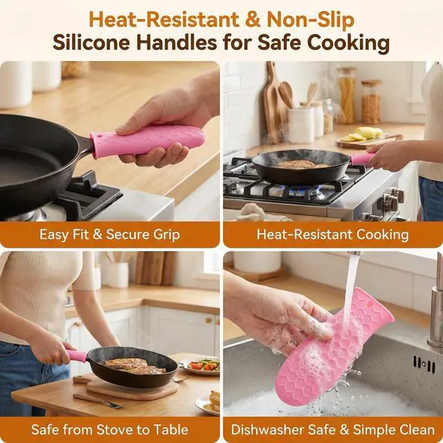 Alt view image 5 of 7 - 2-Pack Heat-Resistant Pot Handle Covers, Cast Iron Skillet Handle Sleeve for Kitchen Cooking, Durable Pot Handle Cover for Cast Iron Accessories & Home Use (Pink)