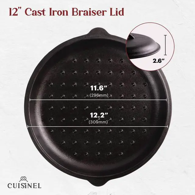 Alt view image 2 of 7 - Cast Iron Lid - Fits 12"-Inch / 30.48-cm Lodge Skillet Frying Pans or Braiser + Silicone Handle Holder + Care Guide - Pre-Seasoned Replacement Cover - Indoor/Outdoor, Oven, Fire, BBQ Safe