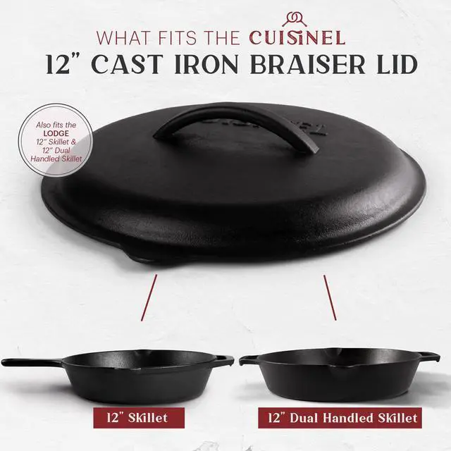 Alt view image 5 of 7 - Cast Iron Lid - Fits 12"-Inch / 30.48-cm Lodge Skillet Frying Pans or Braiser + Silicone Handle Holder + Care Guide - Pre-Seasoned Replacement Cover - Indoor/Outdoor, Oven, Fire, BBQ Safe