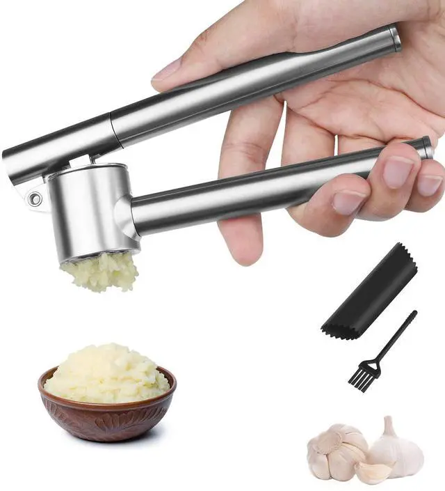 Main image of Garlic Press Garlic Mincer & Crusher Stainless Steel Garlic Press Set for Kitchen with Brush & Peeler, Kitchen for Garlic, Garlic Presser Easy to Clean Easy Squeeze Rust Proof (Small A - Set)