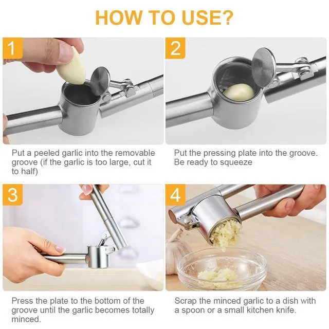 Alt view image 7 of 7 - Garlic Press Garlic Mincer & Crusher Stainless Steel Garlic Press Set for Kitchen with Brush & Peeler, Kitchen for Garlic, Garlic Presser Easy to Clean Easy Squeeze Rust Proof (Small A - Set)