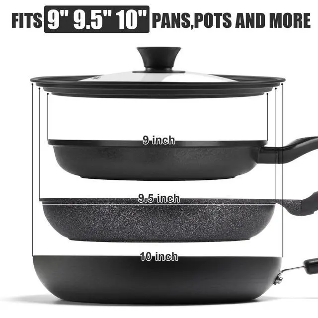 Alt view image 2 of 7 - Universal Lid for Pots Pans and Skillets, Pan Cover Fit 9", 9.5",10" Diameter Cookware, Silicone Replacement Lids with Tempered Glass for Frying Pans, Cast Iron