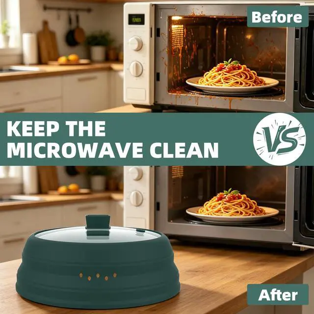 Alt view image 4 of 7 - Microwave Splatter Cover Glass Guard Lid with Collapsible Silicone for Food Pot Plate Cover 9.8 inch Dark Green