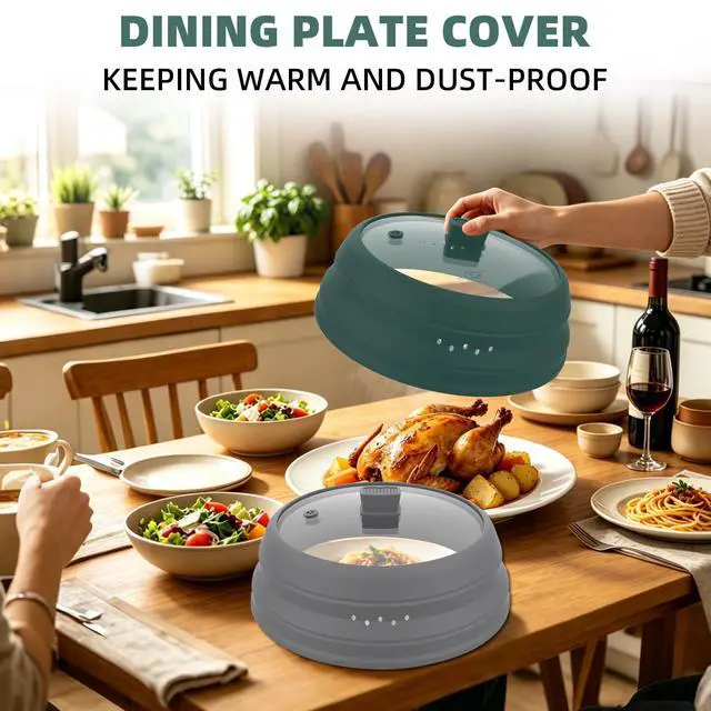Alt view image 7 of 7 - Microwave Splatter Cover Glass Guard Lid with Collapsible Silicone for Food Pot Plate Cover 9.8 inch Dark Green