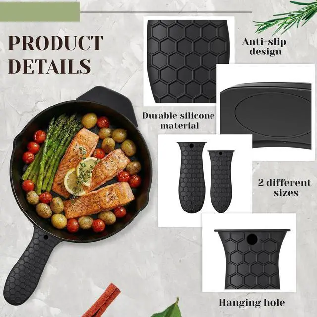 Alt view image 3 of 6 - Silicone Pot Holders Set Cast Iron Handle Sleeve Heat Resistant Silicone Non-Slip Pot Handle Covers Small & Large Black for Cast Iron Skillets and Pans