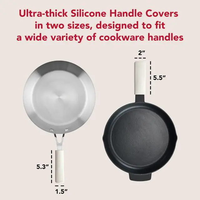 Alt view image 3 of 6 - Ribbed Soft Silicone Handle Covers for Pans & Cast Iron Skillets 2-Pack Set, Heat Resistant up to 500°F, Non-Slip Grip, Easy Wipe Clean, Porcelain White, 5.25"x1.5" & 5.5"x2"