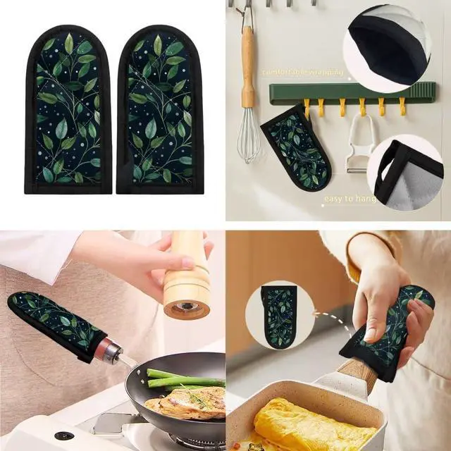 Alt view image 6 of 7 - Green Leaf Hot Handle Covers Set of 2,Pot Sleeve Heat Resistant Cast Iron Skillets Holders for Kitchen Cooking Baking