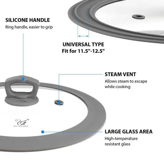 Alt view image 2 of 7 - Vented Tempered Glass Universal Lid for Pot Pan Skillet with Heat Resistant Silicone Rim Microwave Splatter Lid Cover Microwave Safe Fit 11.5" 12" 12.5" Cookware, Dishwasher Safe Grey