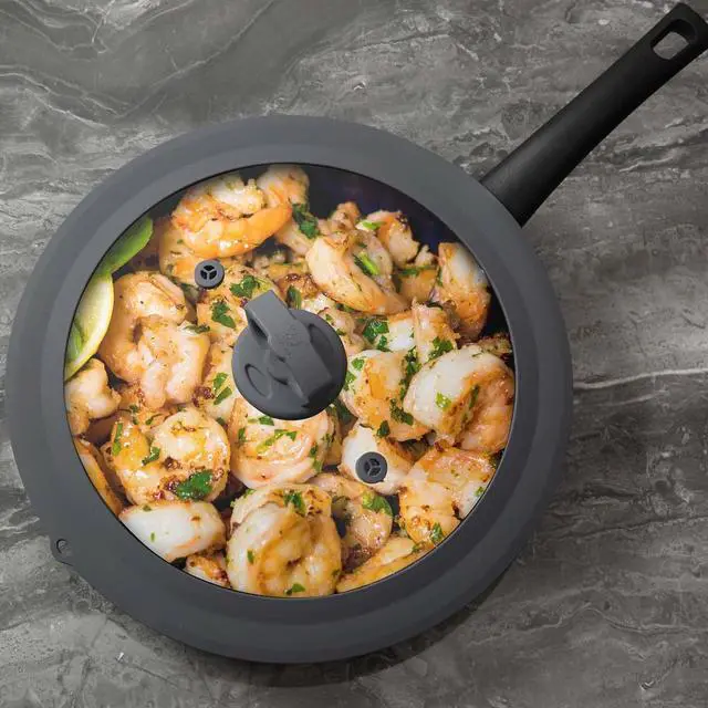 Alt view image 7 of 7 - Vented Tempered Glass Universal Lid for Pot Pan Skillet with Heat Resistant Silicone Rim Microwave Splatter Lid Cover Microwave Safe Fit 11.5" 12" 12.5" Cookware, Dishwasher Safe Grey
