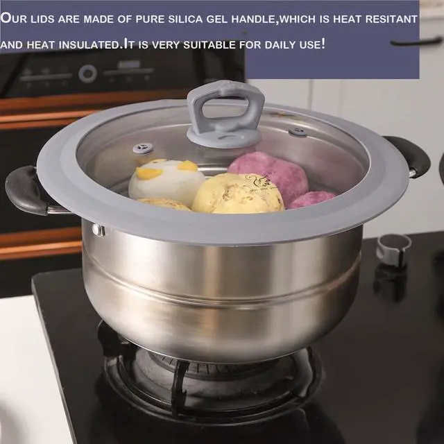 Alt view image 4 of 7 - Vented Tempered Glass Universal Lid for Pot Pan Skillet with Heat Resistant Silicone Rim Microwave Splatter Lid Cover Microwave Safe Fit 11.5" 12" 12.5" Cookware, Dishwasher Safe Grey