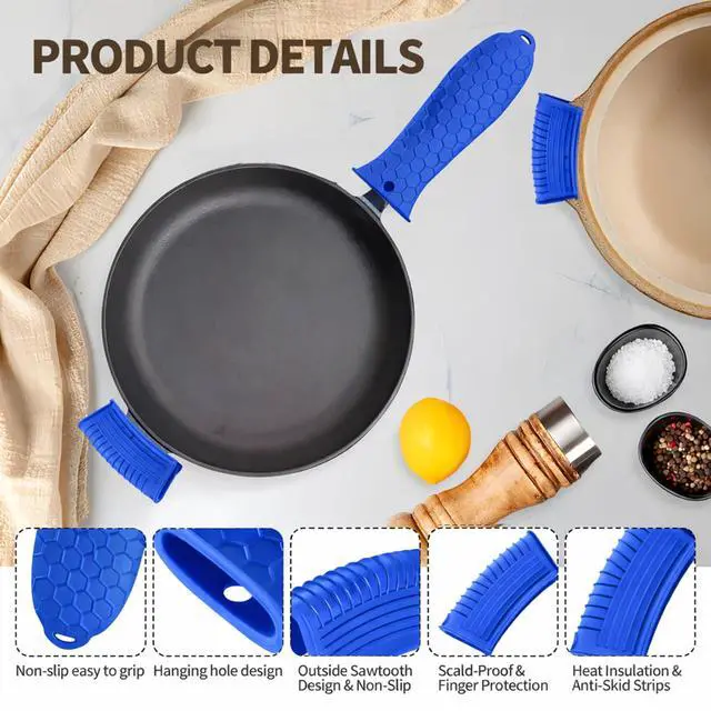 Alt view image 4 of 6 - Cast Iron Skillet Handle Covers - 3 Pack Heat Resistant Silicone Pan Handle Sleeve, Non-Slip Pot Handle Covers Potholder for Cast Iron Skillet Metal Pan (Blue)