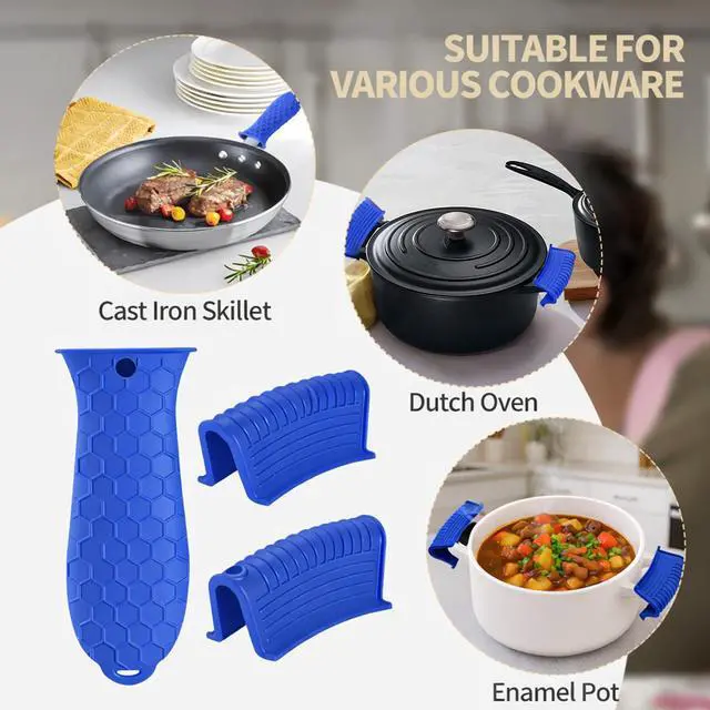 Alt view image 5 of 6 - Cast Iron Skillet Handle Covers - 3 Pack Heat Resistant Silicone Pan Handle Sleeve, Non-Slip Pot Handle Covers Potholder for Cast Iron Skillet Metal Pan (Blue)