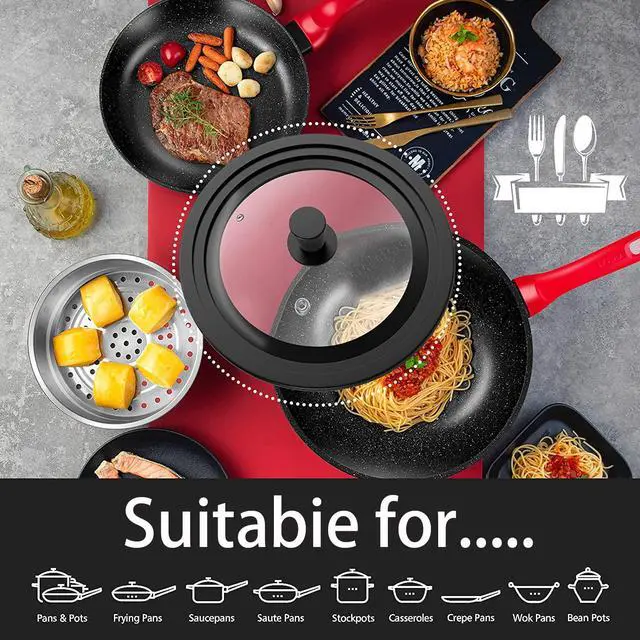 Alt view image 2 of 7 - Universal Pot Lid - Pan Lid Fits 7", 8", 9" Cookware, Tempered Glass with Heat-Resistant Silicone Rim and Handle, Black for Frying Pans & Skillets