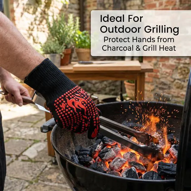 Alt view image 3 of 7 - Single Heat Resistant Silicone BBQ Glove, 13.78 Inch Extra Long Five Finger Oven Mitt, Non-Slip Heat Insulated Cooking Glove for Grilling, Baking, Camping, Red, 1 Count