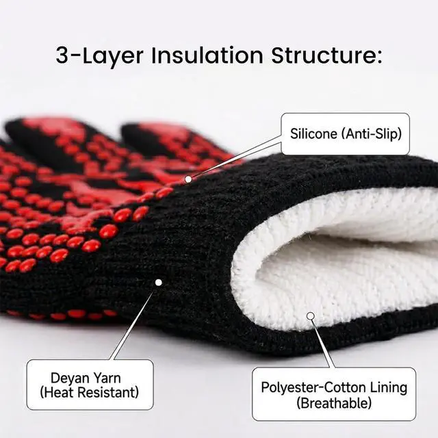 Alt view image 2 of 7 - Single Heat Resistant Silicone BBQ Glove, 13.78 Inch Extra Long Five Finger Oven Mitt, Non-Slip Heat Insulated Cooking Glove for Grilling, Baking, Camping, Red, 1 Count