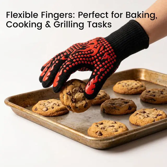 Alt view image 4 of 7 - Single Heat Resistant Silicone BBQ Glove, 13.78 Inch Extra Long Five Finger Oven Mitt, Non-Slip Heat Insulated Cooking Glove for Grilling, Baking, Camping, Red, 1 Count