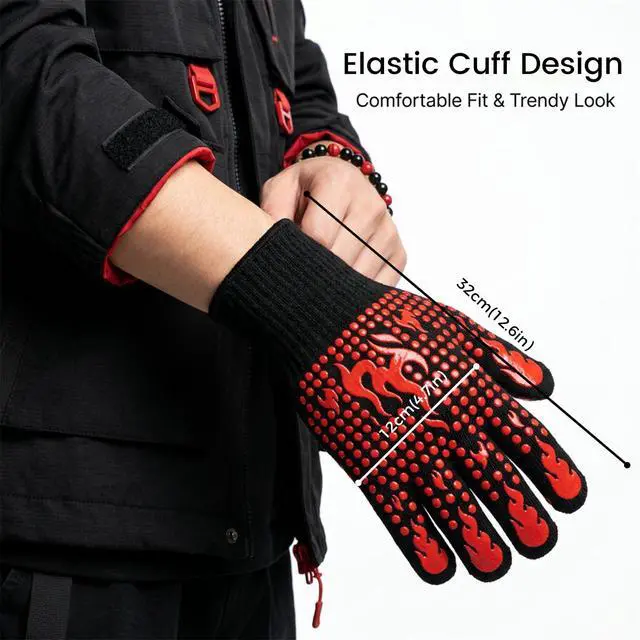 Alt view image 6 of 7 - Single Heat Resistant Silicone BBQ Glove, 13.78 Inch Extra Long Five Finger Oven Mitt, Non-Slip Heat Insulated Cooking Glove for Grilling, Baking, Camping, Red, 1 Count