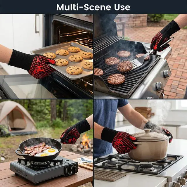 Alt view image 7 of 7 - Single Heat Resistant Silicone BBQ Glove, 13.78 Inch Extra Long Five Finger Oven Mitt, Non-Slip Heat Insulated Cooking Glove for Grilling, Baking, Camping, Red, 1 Count