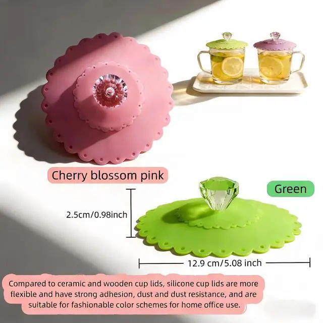 Alt view image 2 of 7 - Silicone Cup Lids with Acrylic Crystal Handle, Food Grade Silicone Hot Cup Lids, Cherry Blossom Pink & Green, 5 Inch Diameter, 2 Pack