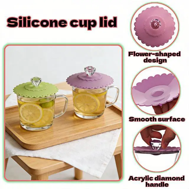 Alt view image 5 of 7 - Silicone Cup Lids with Acrylic Crystal Handle, Food Grade Silicone Hot Cup Lids, Cherry Blossom Pink & Green, 5 Inch Diameter, 2 Pack