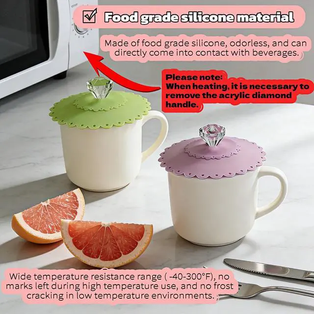 Alt view image 7 of 7 - Silicone Cup Lids with Acrylic Crystal Handle, Food Grade Silicone Hot Cup Lids, Cherry Blossom Pink & Green, 5 Inch Diameter, 2 Pack