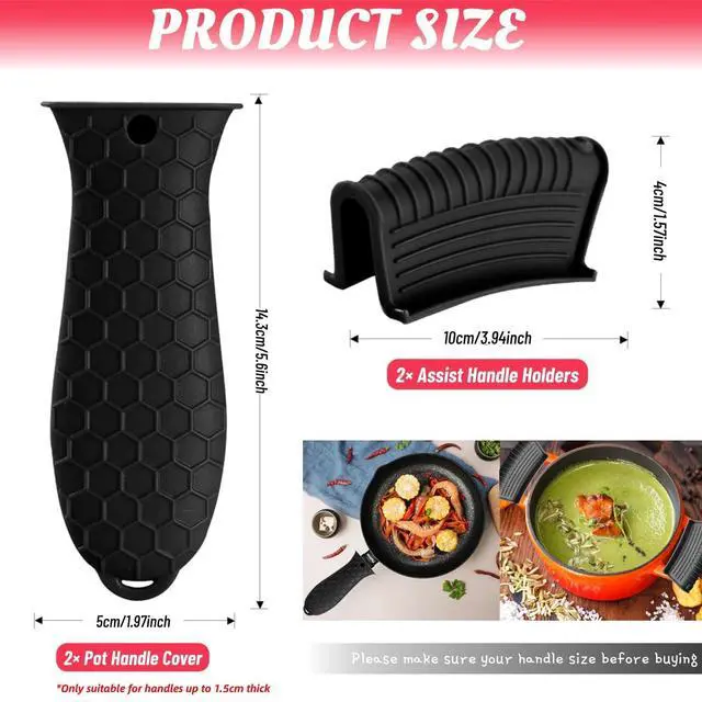 Alt view image 3 of 7 - 4 Pack Silicone Hot Handle Holder Cover Cast Iron Handle Cover Silicone Pot Holders Heat Resistant Assist Pan Handle Sleeve Non-Slip Pot Handle Covers for Cast Iron Skillet Metal Pan(Black)