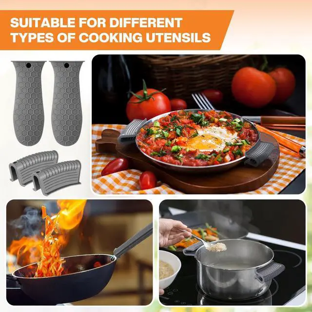 Alt view image 3 of 7 - Silicone Pot Holders Set Cast Iron Handle Cover Heat Resistant Pot Handle Covers Potholder Non Slip Reusable Pan Sleeve for Frying Pan Kitchen Supplies(Grey)