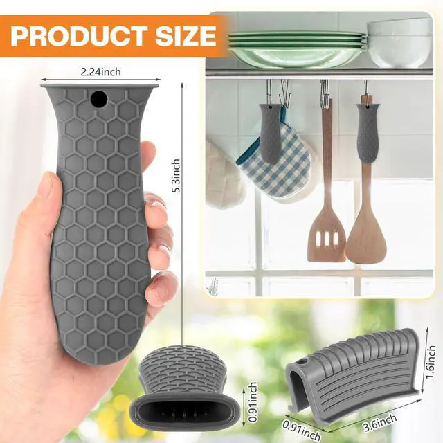Alt view image 4 of 7 - Silicone Pot Holders Set Cast Iron Handle Cover Heat Resistant Pot Handle Covers Potholder Non Slip Reusable Pan Sleeve for Frying Pan Kitchen Supplies(Grey)