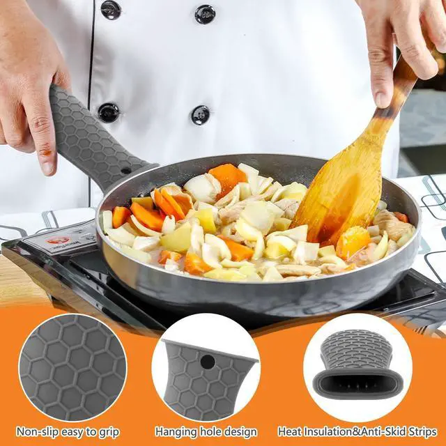 Alt view image 2 of 7 - Silicone Pot Holders Set Cast Iron Handle Cover Heat Resistant Pot Handle Covers Potholder Non Slip Reusable Pan Sleeve for Frying Pan Kitchen Supplies(Grey)