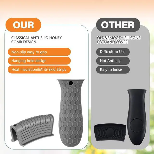 Alt view image 6 of 7 - Silicone Pot Holders Set Cast Iron Handle Cover Heat Resistant Pot Handle Covers Potholder Non Slip Reusable Pan Sleeve for Frying Pan Kitchen Supplies(Grey)