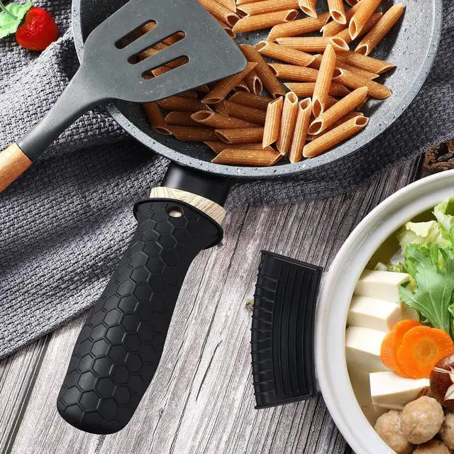 Alt view image 5 of 6 - Silicone Pot Holders Set Cast Iron Handle Cover Heat Resistant Pot Handle Covers Potholder Non Slip Reusable Pan Sleeve for Frying Pan Kitchen Supplies(Black)