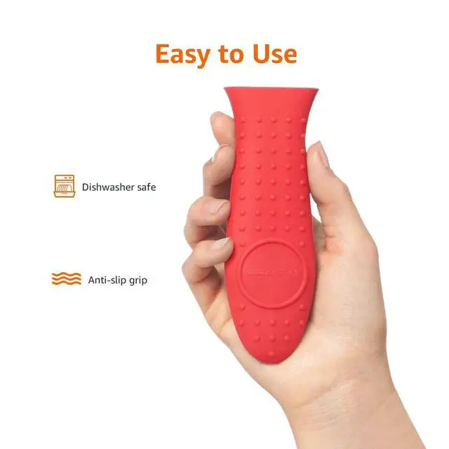Alt view image 2 of 3 - Heat Resistant Non-Slip Silicone Hot Handle Holder, Rectangular Pot Handle Cover for Kitchen, Insulating Protection, Red, 5.6"L x 1.9"W