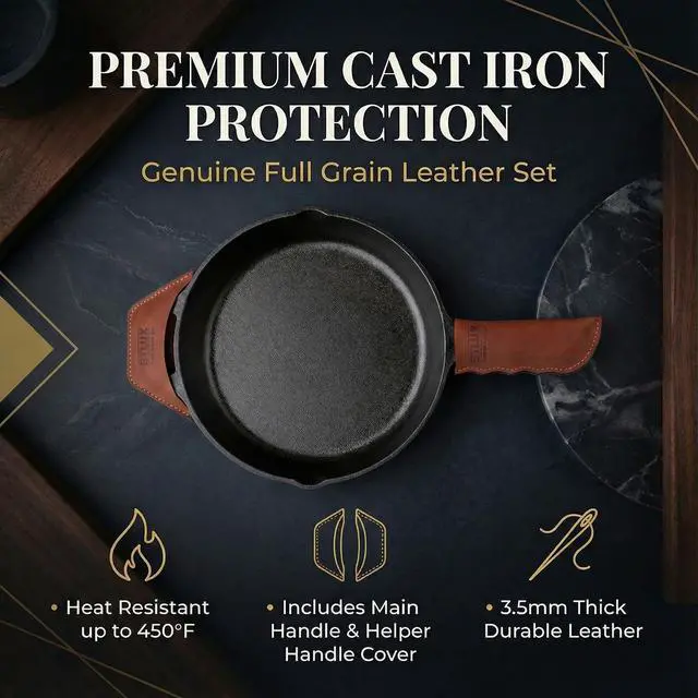Alt view image 2 of 7 - Proudly Made in Georgia from Full Grain Leather - Leather Cast Iron Handle Cover, Set of 2 - Heat Resistant Cast Iron Handle Sleeve for Skillets - Pot Holder for Hot Frying Pans, Pots