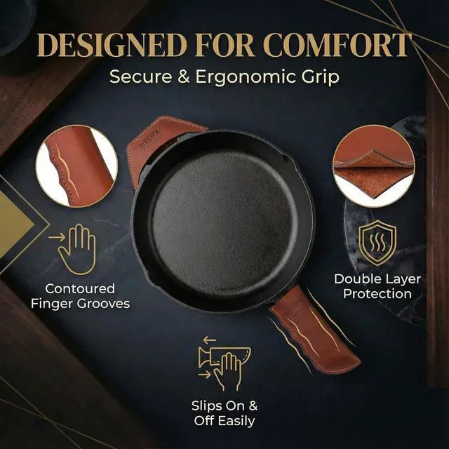 Alt view image 5 of 7 - Proudly Made in Georgia from Full Grain Leather - Leather Cast Iron Handle Cover, Set of 2 - Heat Resistant Cast Iron Handle Sleeve for Skillets - Pot Holder for Hot Frying Pans, Pots