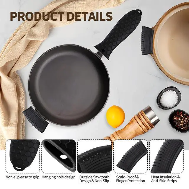 Alt view image 4 of 6 - Cast Iron Skillet Handle Covers - 3 Pack Non-Slip Pot Handle Covers Potholder, Heat Resistant Silicone Pan Handle Sleeve for Cast Iron Skillet Metal Pan (Black)