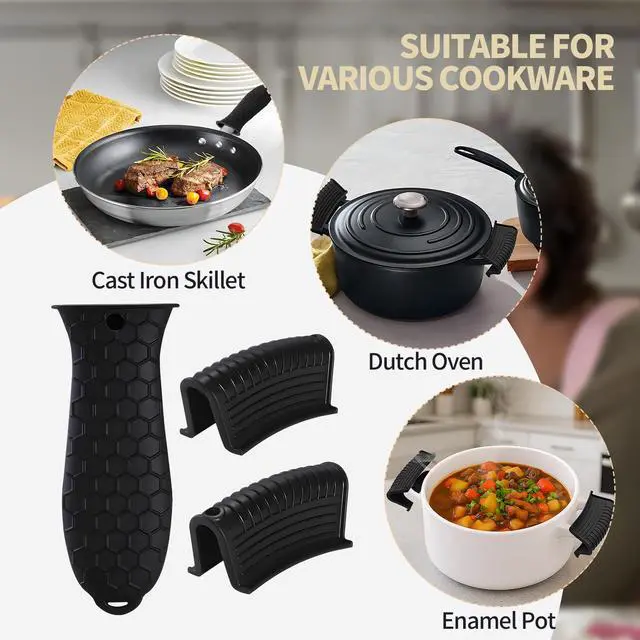 Alt view image 5 of 6 - Cast Iron Skillet Handle Covers - 3 Pack Non-Slip Pot Handle Covers Potholder, Heat Resistant Silicone Pan Handle Sleeve for Cast Iron Skillet Metal Pan (Black)