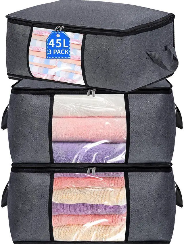 Main image of 3 Pack Storage Bags, 45L Foldable Clothes Storage Bins with Lids, Closet Organizers Blanket Storage Bags with Zippers Clear Window Sturdy Handles for Clothing Bedding Comforter Sweater Pillows (Gray)